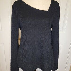 Plein Air Black Floral Jacquard Asymmetrical Neckline Top Size L
